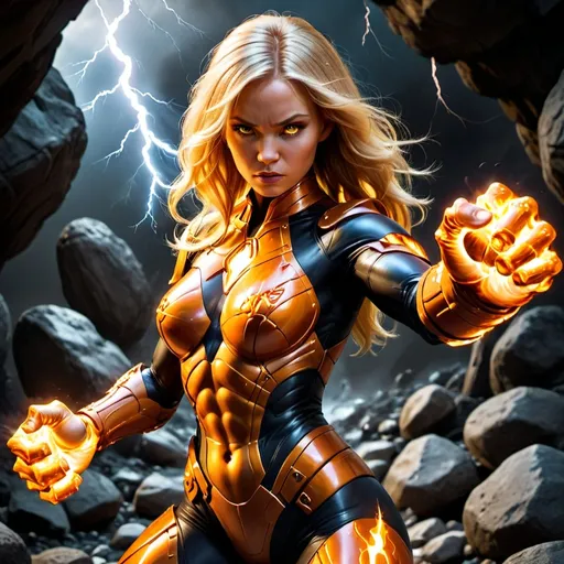 Prompt: Blonde Female Version of Fantastic 4 Thing , Orange rock armored body and skin made of stone and rock with large Rocky Formed fists raging with a mean face with radiation lightning power.