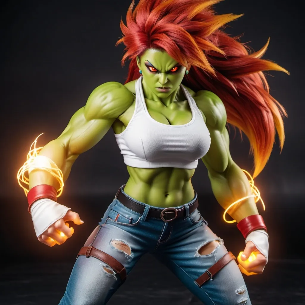 Prompt: Female Blanka Street Fighter Girl With Green skin and red hair and red eyes medium muscular build holding a Ball of electricity with it everywhere. Wearing street fighter clothes ripped jeans and white shirt 