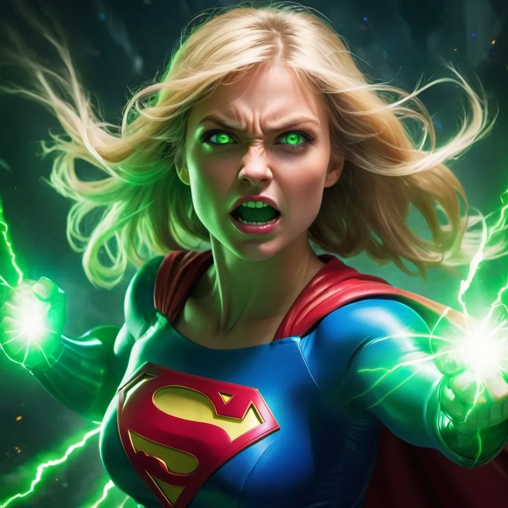 Prompt: Super Girl with blonde hair Hulking out like a she hulk with free skin tone, veins popping, a mad face, bright green eyes, with radiating power shooting green lasers from eyes.