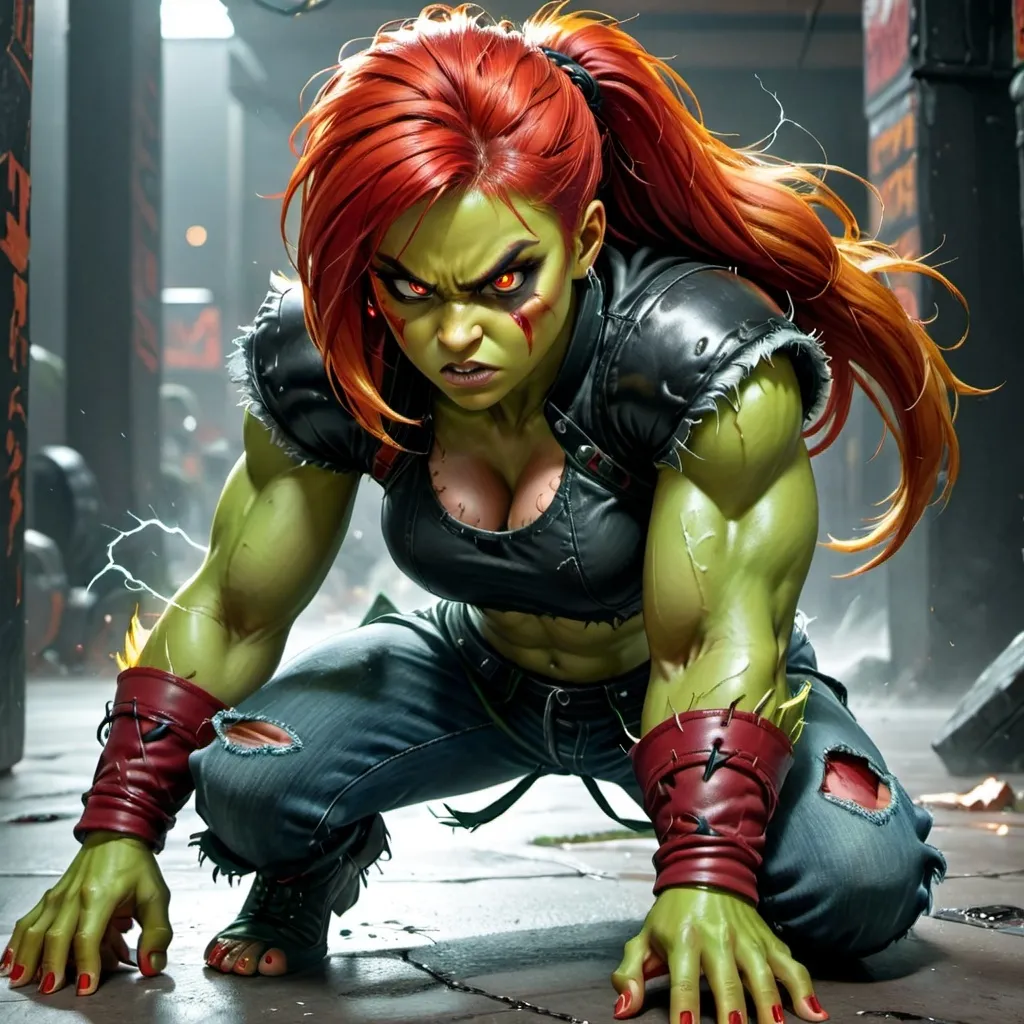 Prompt: Female Blanka Street Fighter Girl With Green skin and red hair and red eyes medium muscular build kneeling down with rage smashing the ground with electricity everywhere. Wearing street fighter clothes ripped jeans and black shirt 