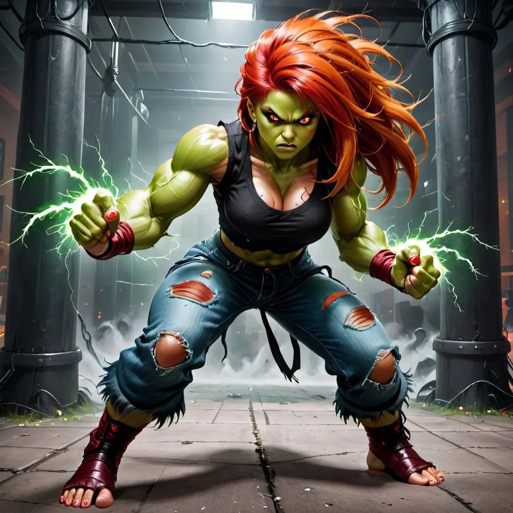 Prompt: Female Blanka Street Fighter Girl With Green skin and red hair and red eyes medium muscular build with fists on ground of electricity with it everywhere. Wearing street fighter clothes ripped jeans and black shirt 