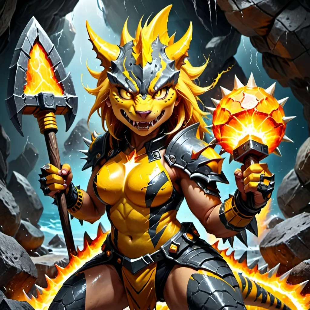 Prompt: Female Spiky Rocky scaly like skin dark energy blackband yellow ice magma Rock Dark monstrous cavernous head of Version of Tiger Sharks , body and skin made of yellow lightning electricity magma and rock with large Rocky Formed armored arms raging with a mean face with radiation gold magma fumes Bright electricity power. Holding a mid evil hammer weapon raging with bright light. 