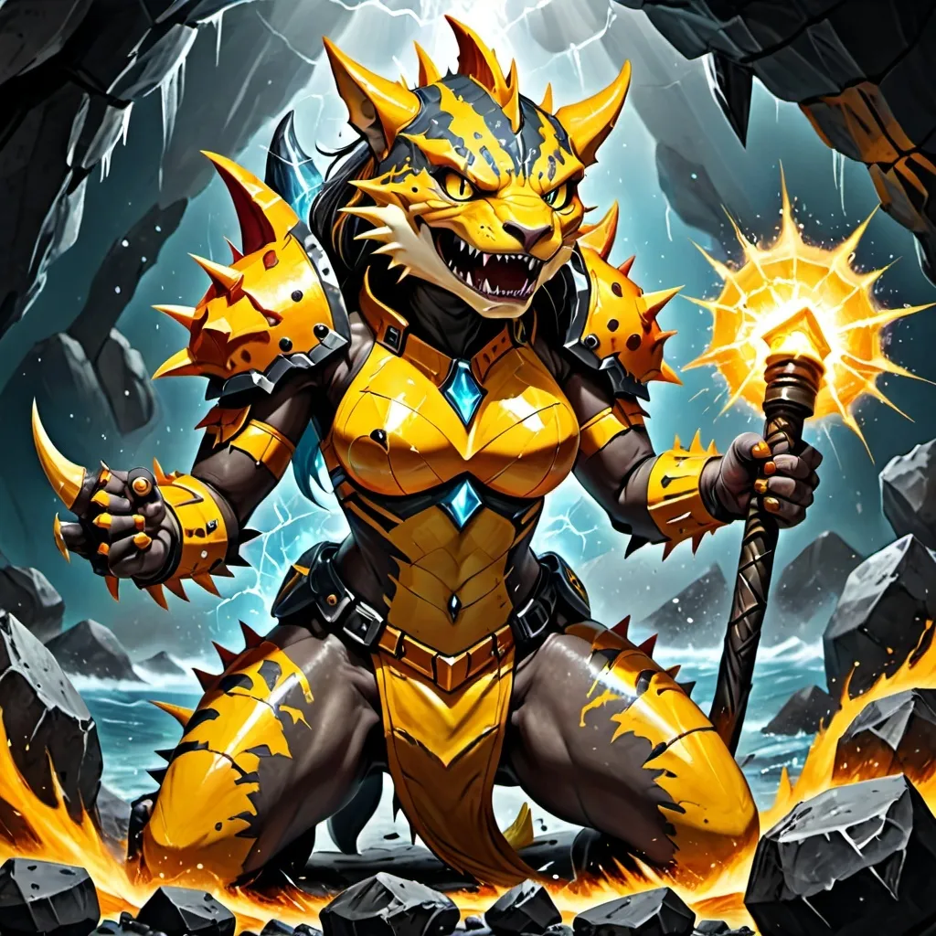 Prompt: Female Spiky Rocky scaly like skin dark energy blackband yellow ice magma Rock Dark monstrous cavernous head of Version of Tiger Sharks , body and skin made of yellow lightning electricity magma and rock with large Rocky Formed armored arms raging with a mean face with radiation gold magma fumes Bright electricity power. Holding a mid evil hammer weapon raging with bright light. 