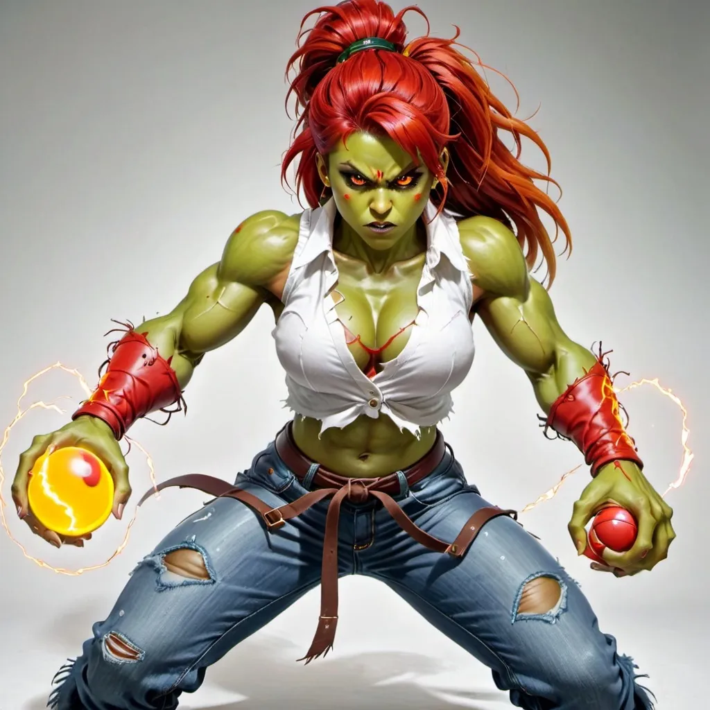 Prompt: Female Blanka Street Fighter Girl With Green skin and red hair and red eyes medium muscular build holding a Ball of electricity with it everywhere. Wearing street fighter clothes ripped jeans and white shirt 