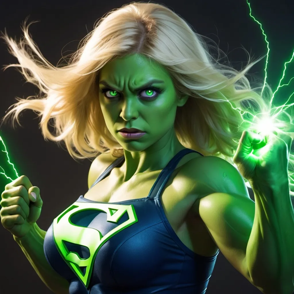 Prompt: Super Girl with blonde hair Hulking out like a she hulk with free skin tone, veins popping, a mad face, bright green eyes, with radiating power shooting green lasers from eyes.