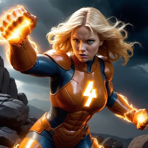 Prompt: Blonde Female Version of Fantastic 4 Thing , Orange rock armored body and skin made of orange stone and rock with large Rocky Formed fists raging with a mean face with radiation lightning power.