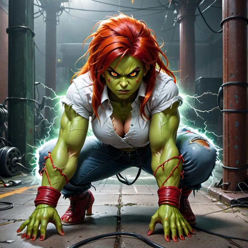 Prompt: Female Blanka Street Fighter Girl With Green skin and red hair and red eyes medium muscular build with hands on ground of electricity with it everywhere. Wearing street fighter clothes ripped jeans and white shirt 