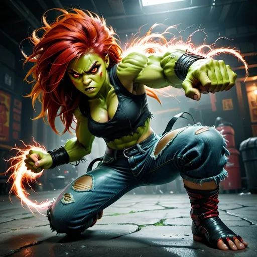 Prompt: Female Blanka Street Fighter Girl With Green skin and red hair and red eyes medium muscular build with fists on ground of electricity with it everywhere. Wearing street fighter clothes ripped jeans and black shirt 