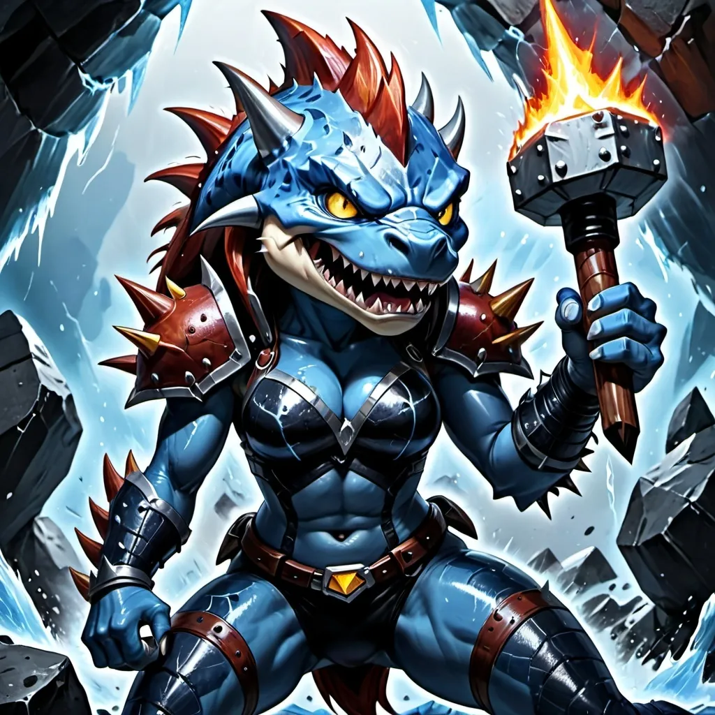 Prompt: Female Spiky Rocky scaly like skin dark energy black and blue ice magma Rock Dark monstrous cavernous head of Version of f Street Sharks , body and skin made of white lightning electricity magma and rock with large Rocky Formed armored arms raging with a mean face with radiation blue magma fumes Bright electricity power. Holding a Icebreaker hammer weapon raging with bright light. 