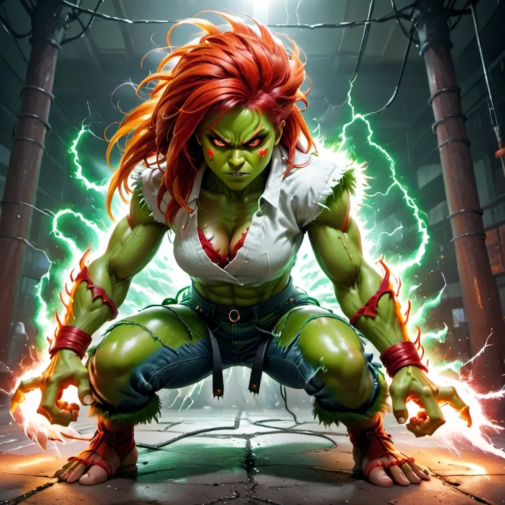 Prompt: Female Blanka Street Fighter Girl With Green skin and red hair and red eyes medium muscular build with hands on ground of electricity with it everywhere. Wearing street fighter clothes ripped jeans and white shirt 