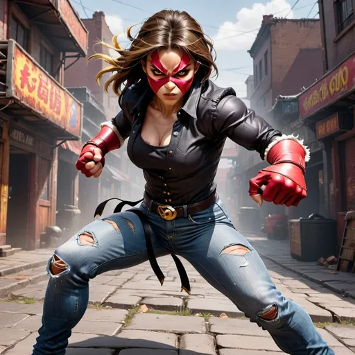 Prompt: Female version of Vega from Street Fighter with the Vega claw on one hand and the Vega mask with dark hair and ripped jeans and black shirt. Show her in action using the Vega Claw