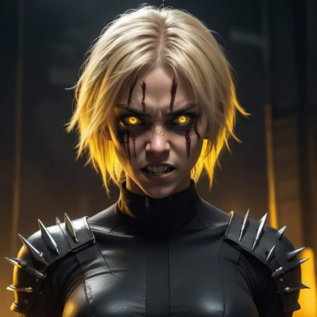 Prompt: Female Blonde version of Baraka from Mortal Kombat with long sharp teeth and yellow eyes, a single spike coming from the top of each forearm coming through the skin. Wearing black 
