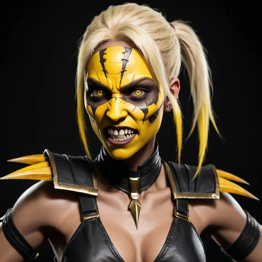 Prompt: Female Blonde version of Baraka from Mortal Kombat with long sharp teeth and yellow eyes, a single spike coming from the top of each forearm coming through the skin. Wearing black 
