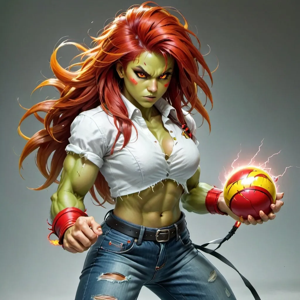 Prompt: Female Blanka Street Fighter Girl With Green skin and red hair and red eyes medium muscular build holding a Ball of electricity with it everywhere. Wearing street fighter clothes ripped jeans and white shirt 