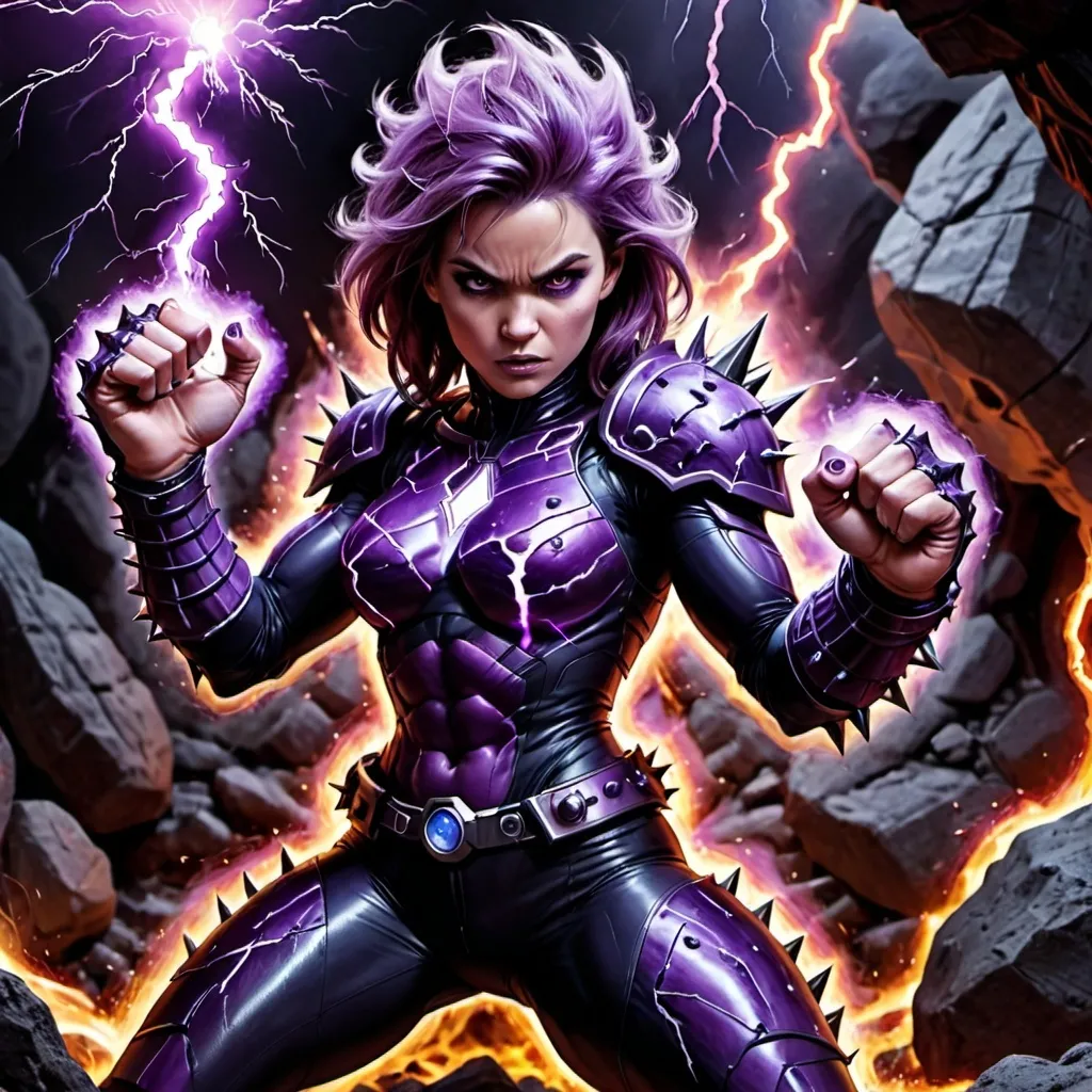 Prompt: Spiky Rocky scaly like skin dark energy purple magma Rock Dark haired Female Version of Fantastic 4 Thing , body and skin made of darl purple lightning electricity magma and rock with large Rocky Formed fists raging with a mean face with radiation purple magma fumes Bright electricity power. Holding a semiautomatic RPG Rifle weapon raging with bright light. Face mutation a little 