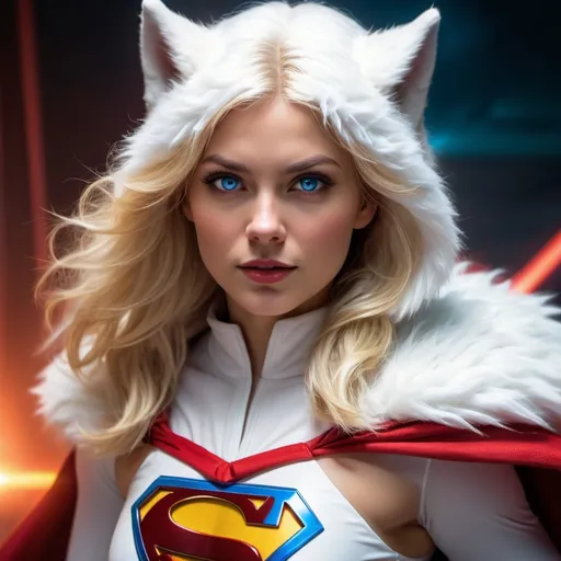 Prompt: Blonde Female dressed inside a White Wolf furry costume dressed like Supergirl with her eyes glowing about to shoot red laser’s from her eyes. Fierce and beautiful 