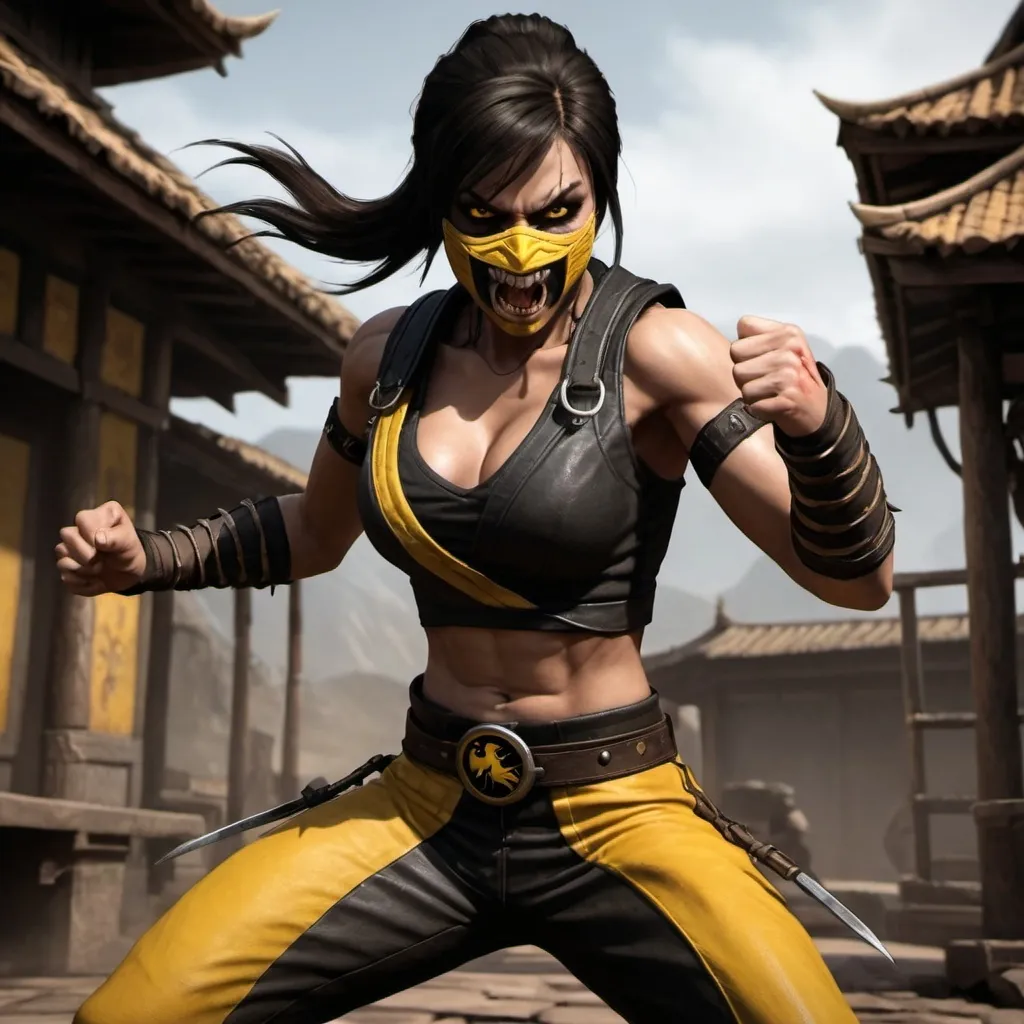 Prompt: 
Female Dark hair version of Baraka from Mortal Kombat with wide open mouth long sharp teeth and yellow eyes, a single spike coming from the skin out of top of each forearm Wearing hot top and ninja pants and boots doing a Round House Kick