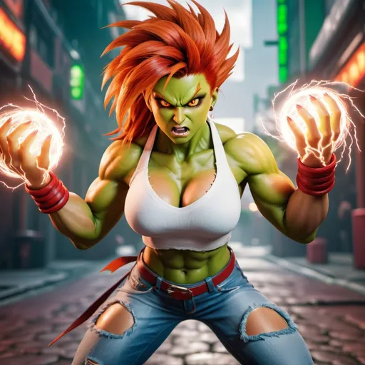 Prompt: Female Blanka Street Fighter Girl With Green skin and red hair and red eyes medium muscular build holding a Ball of electricity with it everywhere. Wearing street fighter clothes ripped jeans and white shirt 