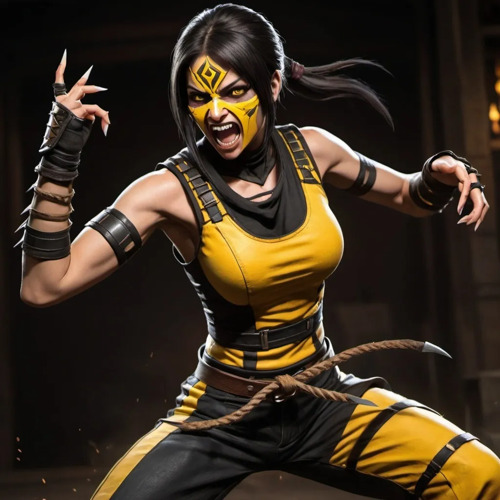 Prompt: 
Female Dark hair version of Baraka from Mortal Kombat with wide open mouth long sharp teeth and yellow eyes, a single spike coming from the skin out of top of each forearm Wearing hot top and ninja pants and boots doing a Round House Kick