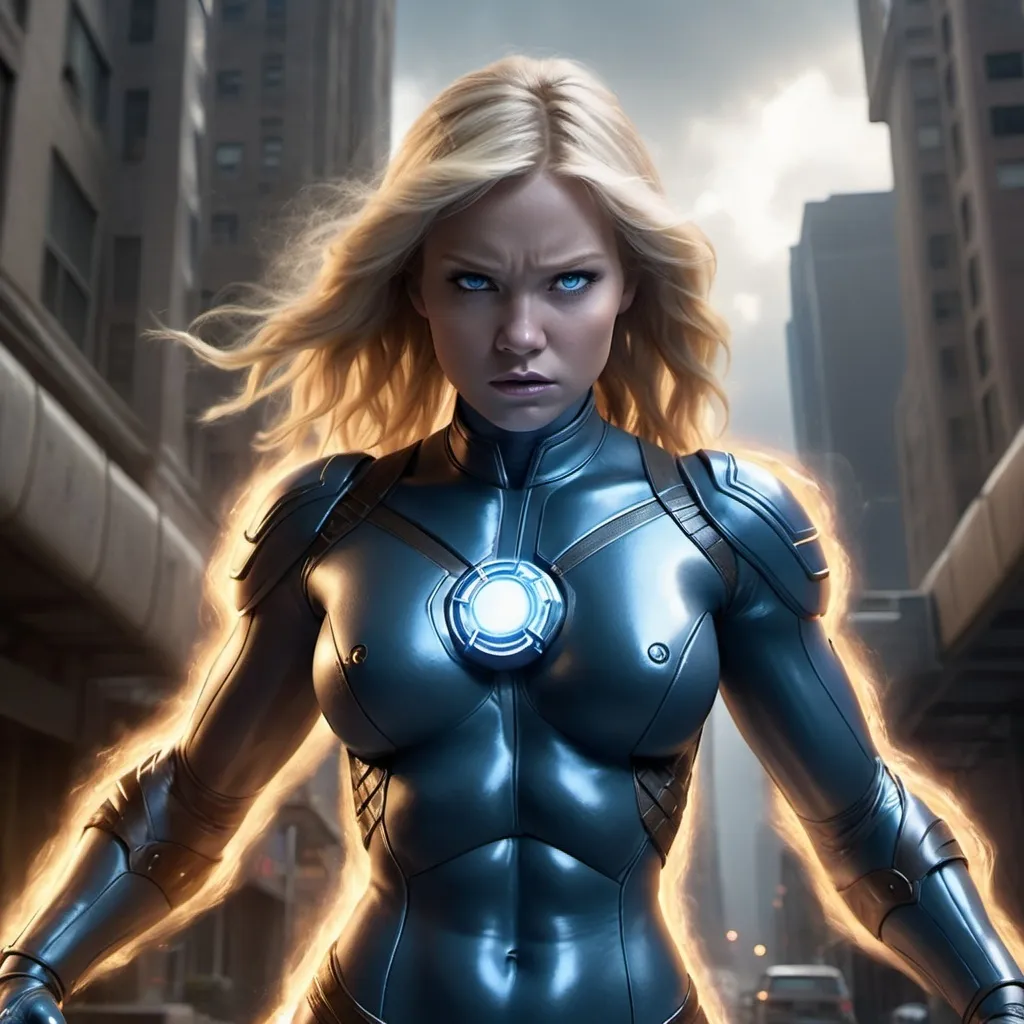 Prompt: Blonde Female Version of Fantastic 4 Thing , rock armored body and skin made of stone and rock with large Rocky Formed fists raging with a mean face with radiation lightning power.