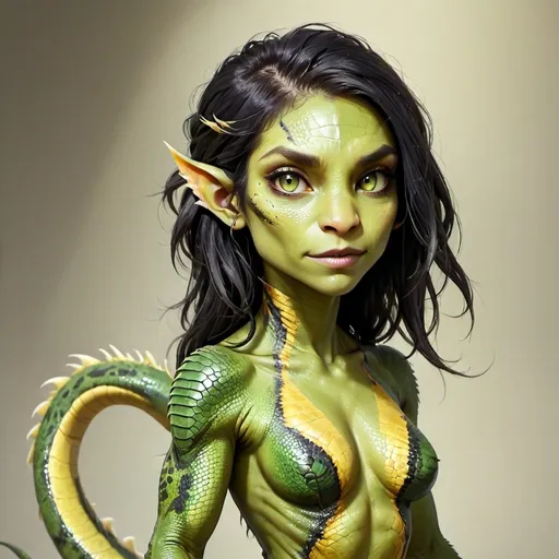 Prompt:  Female human lizard mutant with black hair and long tail and claws and pushed out lizard face and lizard skin light green and dark green texture. Eyes Golden yellow lizard eyes. 