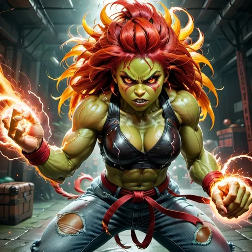 Prompt: Female Blanka Street Fighter Girl With Green skin and red hair and red eyes medium muscular build holding a Ball of electricity with it everywhere. Wearing street fighter clothes ripped jeans and white shirt 