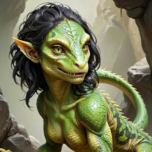 Prompt:  Female human lizard mutant with black hair and long tail and claws and pushed out lizard face and lizard skin light green and dark green texture. Eyes Golden yellow lizard eyes. 