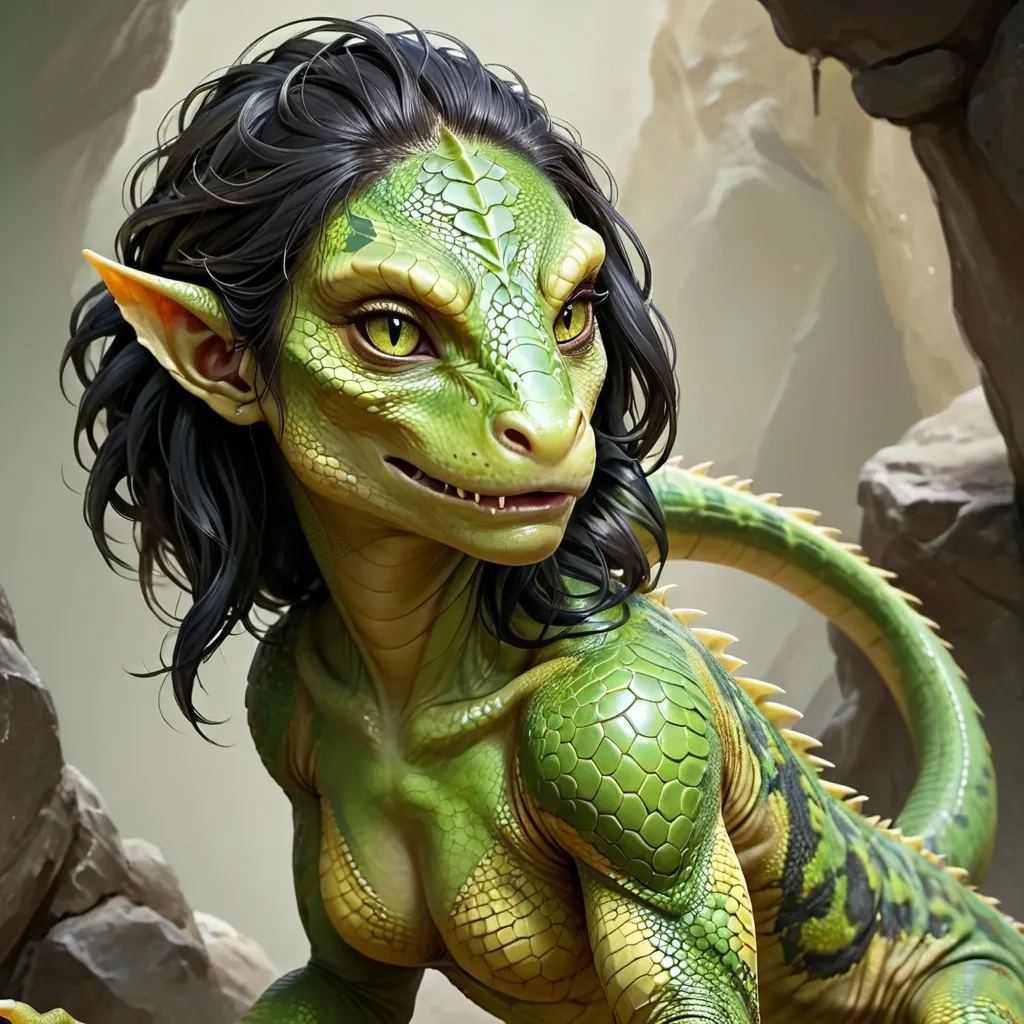 Prompt:  Female human lizard mutant with black hair and long tail and claws and pushed out lizard face and lizard skin light green and dark green texture. Eyes Golden yellow lizard eyes. 