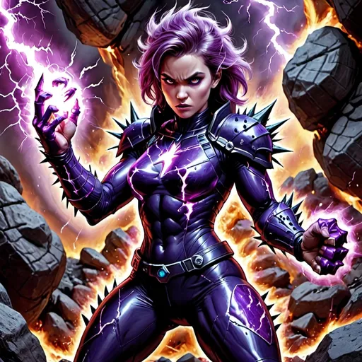 Prompt: Spiky Rocky scaly like skin dark energy purple magma Rock Dark haired Female Version of Fantastic 4 Thing , body and skin made of darl purple lightning electricity magma and rock with large Rocky Formed fists raging with a mean face with radiation purple magma fumes Bright electricity power. Holding a semiautomatic RPG Rifle weapon raging with bright light. Face mutation a little 