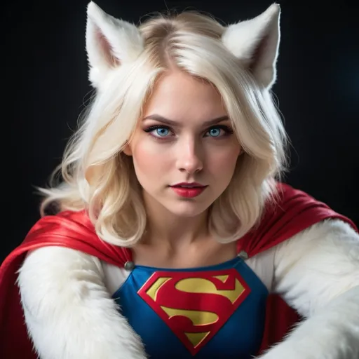 Prompt: Blonde Female dressed inside a White Wolf furry costume dressed like Supergirl with her eyes glowing about to shoot red laser’s from her eyes. Fierce and beautiful 