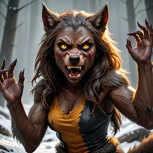 Prompt: Female werewolf, long sharp teeth, brown fur still partially human. Yellow orange eyes. Snout and mouth pushed out a little. Show her holding her hands up showing her claws. Show ripped clothes