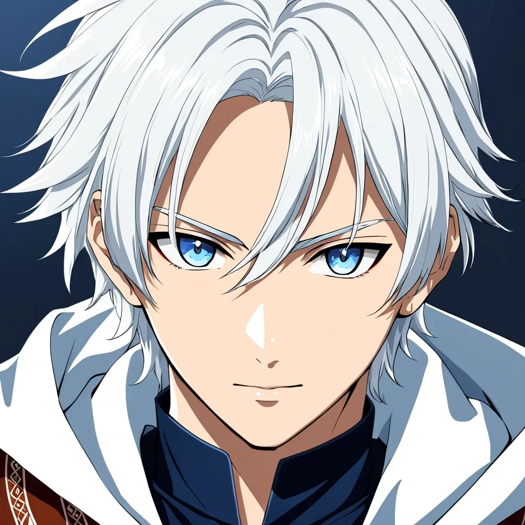 Prompt: 20 years old blue eyed and silver white haired indian man with tensura art style