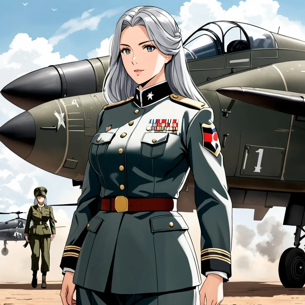 Prompt: a 40s woman who is taller than most women, has long gray hair, is quite muscular and wears a military uniform designed for the battlefield