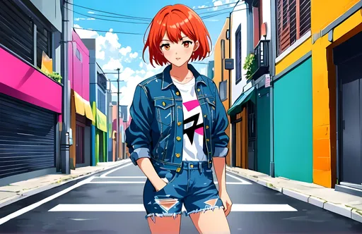 Prompt: Anime illustration of a confident tomboy girl with short hair, vibrant and bold color palette, urban street setting, denim jacket and ripped jeans, energetic and determined expression, high quality, anime style, vibrant colors, urban setting, confident stance, short hair, bold and energetic, denim jacket, ripped jeans