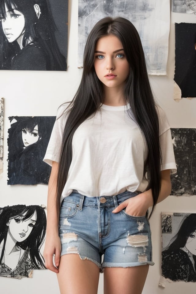 Prompt: Teenage girl with long straight black hair, Blue Eyes, wearing a Cotton, Distressed, Destroyed denim jean mini short, posing in the artist's studio, full body, sketches and drawings on the walls 