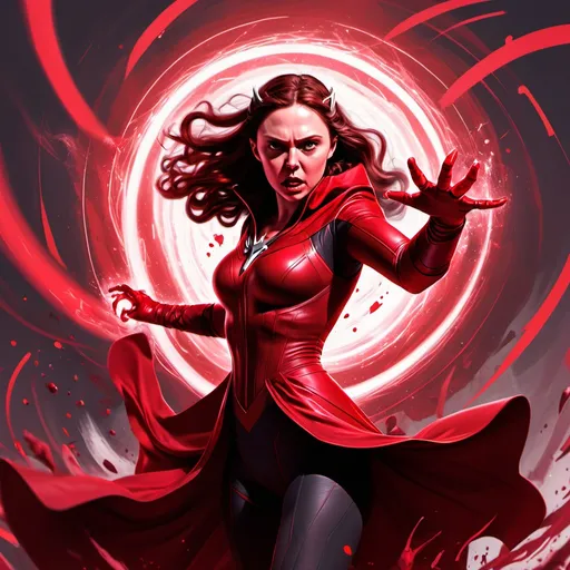 Prompt: digital art style, Scarlet Witch preparing to fight, hovering off the ground, surrounded in red chaos energy