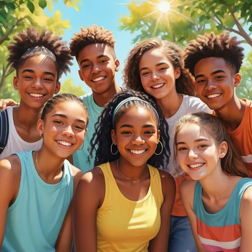 Prompt: Realistic digital painting of a group of diverse teenagers, engaging in healthy activities, bright and vibrant color palette, outdoor setting with sunshine, joyful and positive expressions, detailed facial features, high-quality, realistic, digital painting, diverse group, vibrant colors, outdoor setting, healthy activities, positive expressions, detailed features, bright lighting
