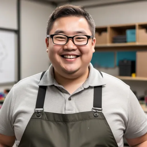 Prompt: a chubby asian-caucasian male teacher with short hair wearing glasses smiling in a workshop