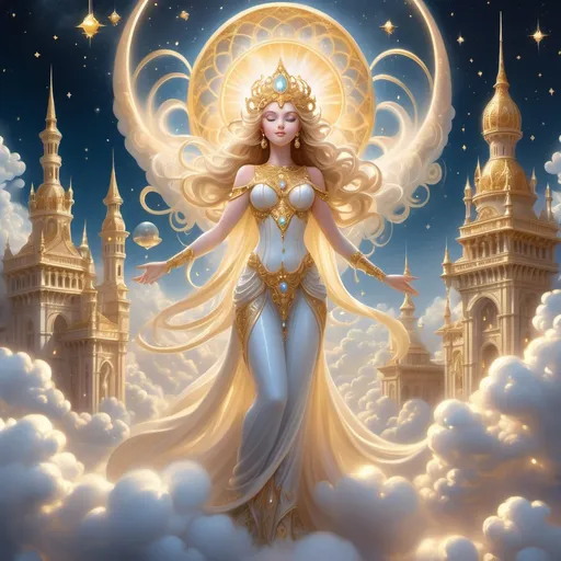 Prompt: A breathtaking celestial goddess floating amidst a radiant sky filled with soft, billowing clouds and shimmering starlight. Behind her, a majestic heavenly palace rises above the clouds—its towers and spires glowing with ethereal light, adorned with gold and crystal accents, and surrounded by floating, luminous orbs. The palace architecture is grand and otherworldly, with intricate details and sweeping arches. The goddess has glowing skin, flowing silver hair that sparkles like stardust, and wears an iridescent gown decorated with constellations. A luminous halo of swirling nebulae crowns her head, and delicate, translucent wings of light extend gracefully behind her. The entire scene is ultra-detailed, with hyper-realistic textures, luminous effects, vibrant colors, and dramatic, heavenly lighting, rendered in 8K resolution.
