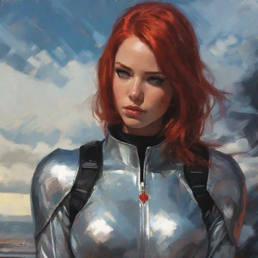 Prompt: A 20 year old girl in a tight-fitting silver suit, red hair, high detail, high detailed face, d&d, sky background, veronica mars, suffering gaze, grimace of pain, Alex Maleev style
