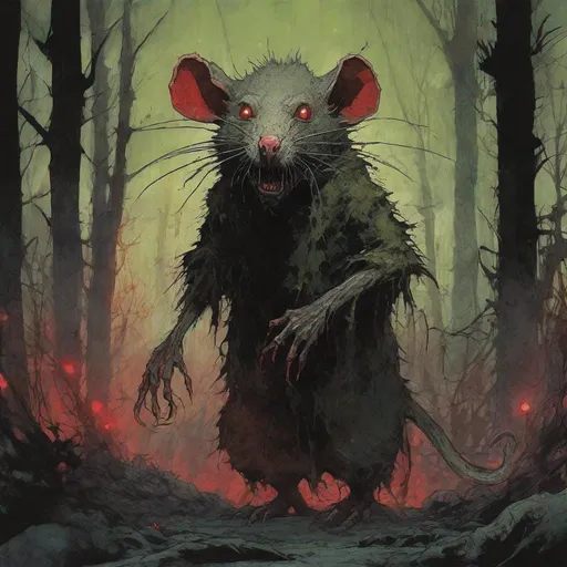 Prompt: in Alex Maleev style, a giant demonic rat, a frightening and grotesque creature with a massive humanoid body dressed with  moss. Its eyes glow with a malevolent red light,  Around him a swarm of small, corrupted rats accompany him. The background is a dark forest