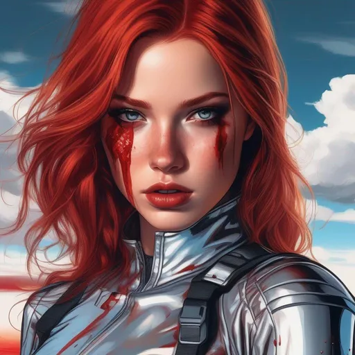 Prompt: A 20 year old girl in a tight-fitting silver suit with blooding wounds on her face, red hair, fashion drawing, high detail, high detailed face, d&d, sky background, veronica mars, suffering gaze, grimace of pain, facial burns
