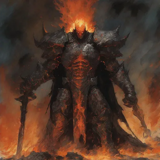 Prompt: in Alex Maleev style  a colossal and fearsome figure. He is clad in dark, cracked armor that seems to pulse with molten lava. His eyes blaze with an intense, fiery light. Thalgrin wields a massive warhammer, its head engulfed in flames. Around him, the ground is shattered and scorched, with lava flowing from the cracks. The background depicts a landscape in ruins, with burning trees and crumbling mountains, emphasizing his destructive power