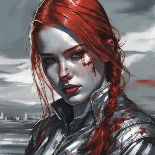 Prompt: A 20 year old girl in a tight-fitting silver suit with blooding wounds on her face, red hair, fashion drawing, high detail, high detailed face, d&d, sky background, veronica mars, suffering gaze, grimace of pain, facial burns, Alex Maleev style
