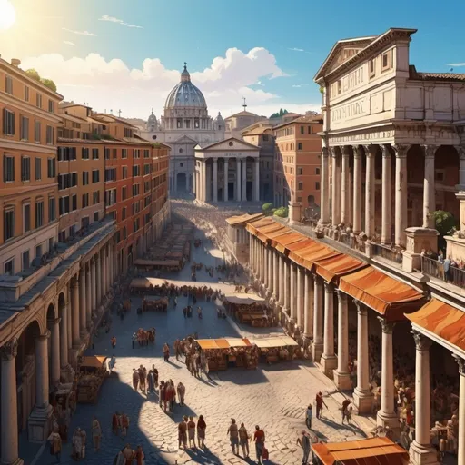 Prompt: Rome, comic style, vibrant colors, Roman buildings, intricate architectural details, warm sunlight, dynamic composition, historical atmosphere, lively cityscape, ancient Rome, 4K, ultra-detailed, high-quality illustration,  dramatic shadows, vibrant blue sky, detailed bustling marketplace, lively interactions among Roman citizens, richly depicted environment.


