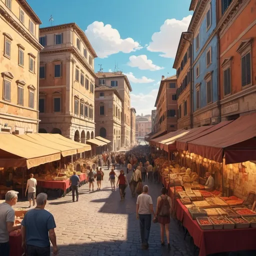 Prompt: Rome, comic style, vibrant colors, Roman buildings, intricate architectural details, warm sunlight, dynamic composition, historical atmosphere, lively cityscape, ancient Rome, 4K, ultra-detailed, high-quality illustration,  dramatic shadows, vibrant blue sky, detailed bustling marketplace, lively interactions among Roman citizens, richly depicted environment.


