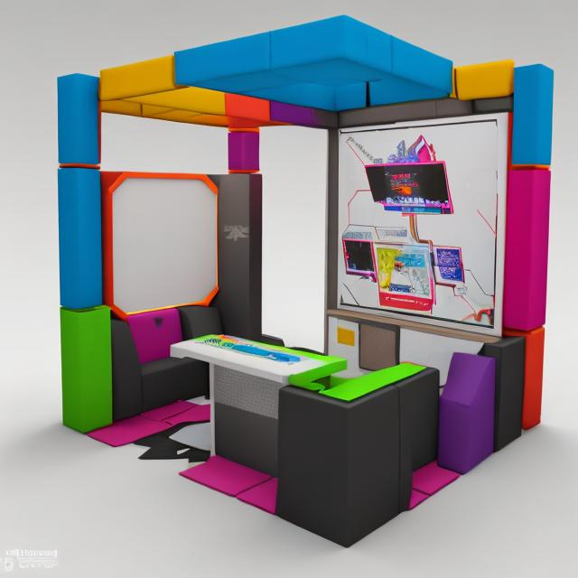 Prompt: MODEL FOR A BOOTH WITH A SQUARE LAYOUT AND GAMING THEME DIVIDED INTO THREE SECTIONS WITH POP COLORS

