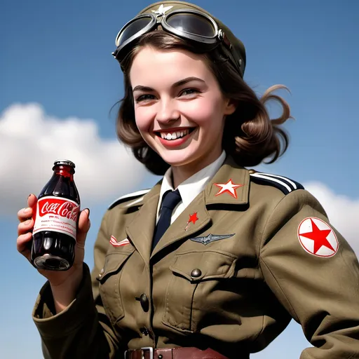 Prompt: half body female ww2 pilot smiling with a coke bottle in her hand



