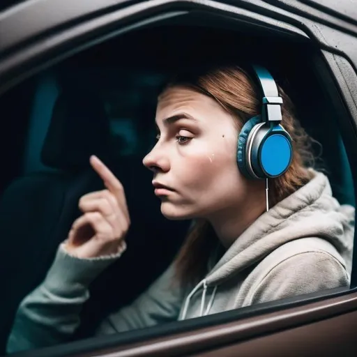 Prompt: Young woman around 25 - 30 year in headphones with wire   is looking into car window during rain 
