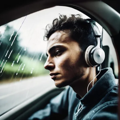Prompt: Young man around 25 - 30 year in headphones with wire   is looking into car window during rain 
